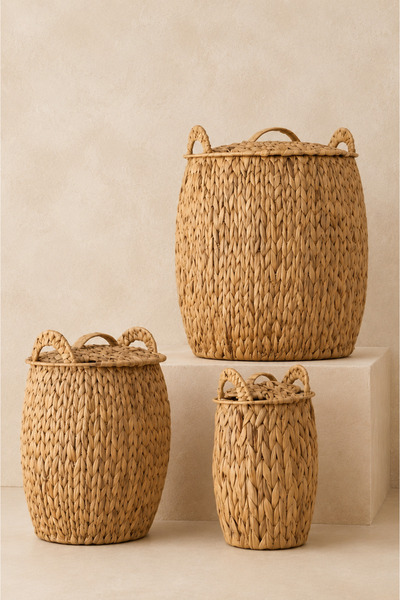 KaiHome Set of 3 Wicker Baskets with Lids – Natural Woven Bohemian Laundry an...