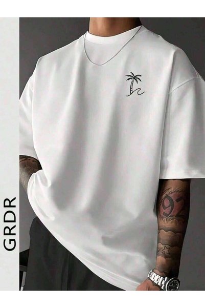 25W Men's Round Neck Fashionable Palm Tree Printed Short Sleeve T-Shirt, Casu...