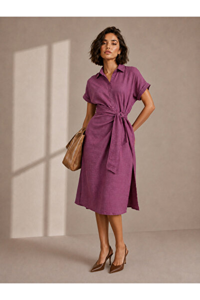 Styli Pink Sloid Tie-Up Detail Short Cap Sleeves Shirt Midi Dress