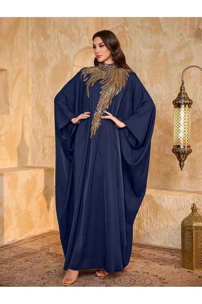 SUPGIR Navy Blue Sequin Yoke High Neck Maxi Kaftan