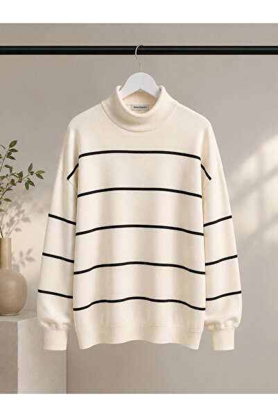 DepoExport Women's Half-Throat Striped Knitwear Sweater Oversize Loose Design