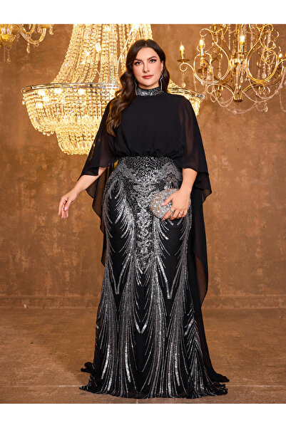 UNITHORSE Plus Size Black Sequin A-Line Maxi Dress