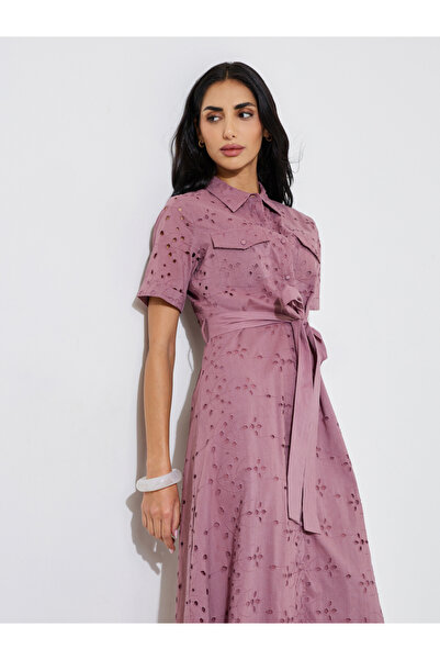 Styli Schiffli Short Sleeve Shirt Midi Dress with Belt Detail