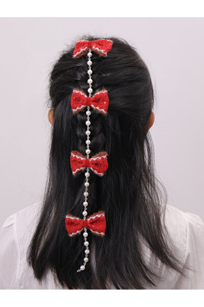 Take Two By Styli Girls Red With Pearls and Beads Chain Bow Hair Clip