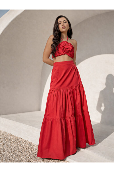 Sassafras By Styli Red Front Corsage Crop Top and Tiered Skirt Set