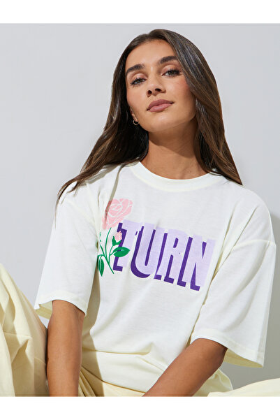 Styli Cream Slogan and Floral Print Oversized T-Shirt