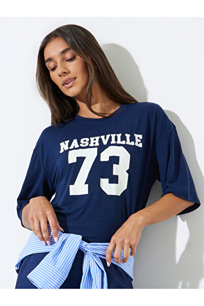 Styli Dark Blue Graphic Print Oversized T-Shirt