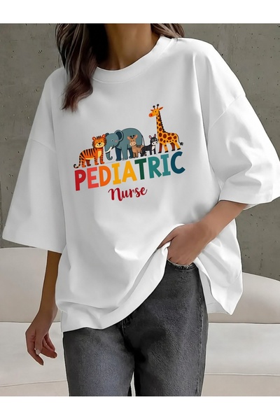 Generic Brand Cartoon Animals & Pediatric Nurse Slogan,short sleeve,crew neck...