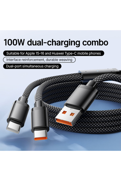 Choice1 1.2m black 100W 6A 2 in 1 USB to 2× Type C Fast Charging Data Cable A...
