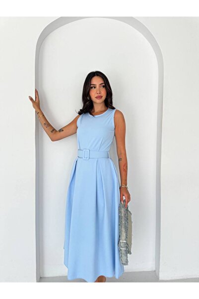 BE CHİC Women's Baby Blue Belted Sleeveless Midi Length Flared Dress Kk1000