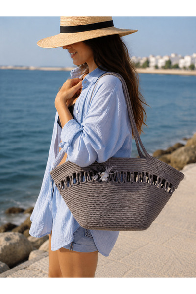Veldena Women's Straw Shoulder Bag – Floral Detailed Summer Beach Gray Tote Bag