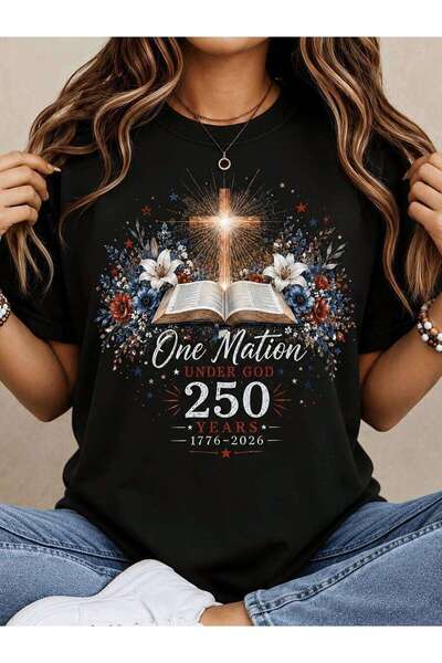 NOURAM Plus Size, Women's One Nation Under God 250 Years T-Shirt - Patriotic ...
