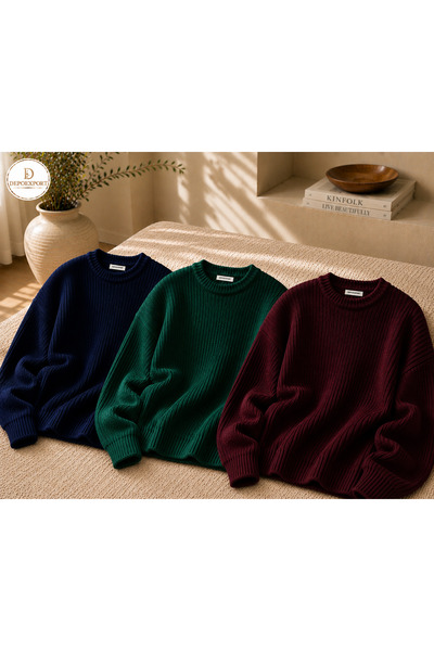 DepoExport Women's 3-Piece Crew Neck Oversize Knitwear Sweater Soft Knitted S...