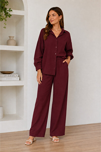 Nuevo Women's Burgundy Suit Shirt with Elastic Waist and Wide Leg Pants Two-P...