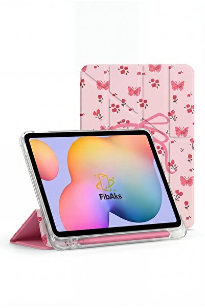 Fibaks Galaxy Tab A7 SM-T500 T505 10.4 İnç Kılıf Gül Kelebek Desenli Kalem Bö...