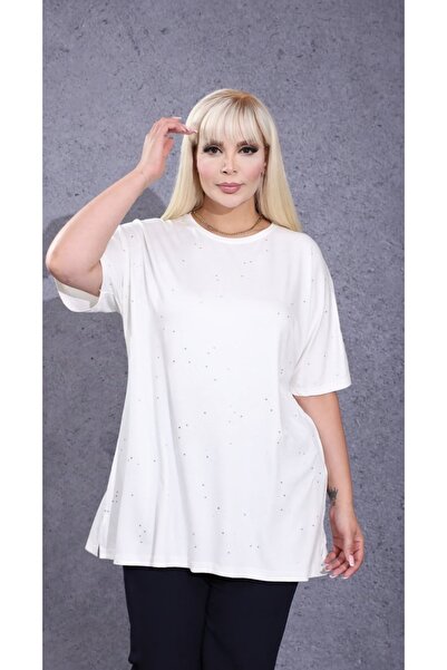 Mandolin Büyük Beden Kadın Simli Işıltılı Salaş T-Shirt