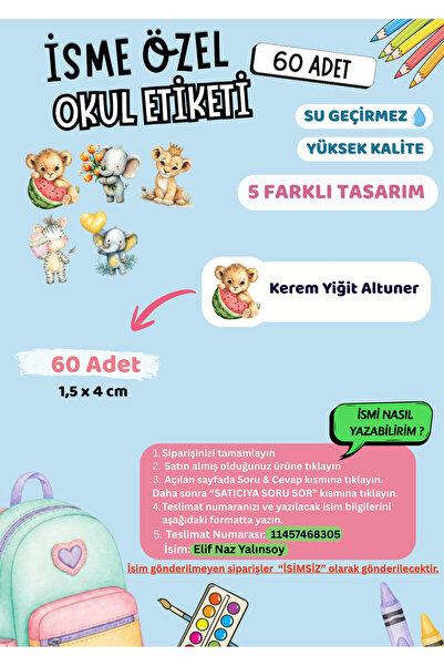VORACRAFT İsme Özel Okul Etiketi Tatlı Hayvan 60 Adet Yüksek Kalite Su Geçirm...