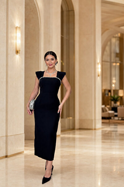 Deafox Black Stone Detail Thick Strap Square Neck Slit Crepe Fabric Dress