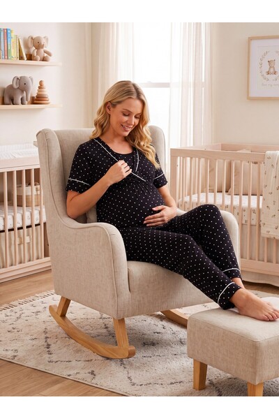 Lohusa Homewear طقم بيجامة للحوامل بأكمام قصيرة بتصميم جديد منقط باللون الأسو...