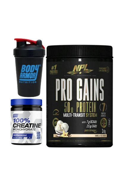 npl Pro-Gains 1kg + Body Armor Creatine Monohydrate 300g+ Free Shaker | Prote...
