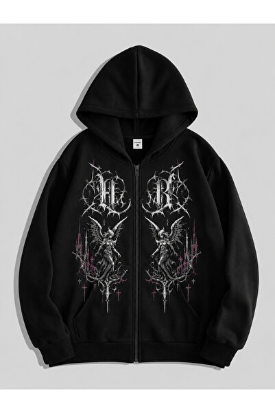 dompulerimoda Gothic Patterned Black Zippered Hooded Oversize Sweatshirt – Un...