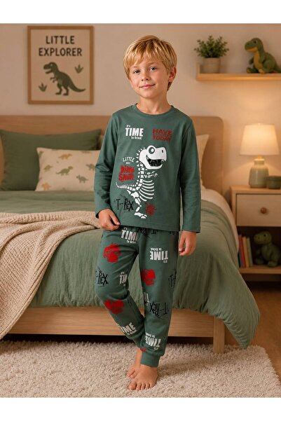 YİGİT BUTİK Boys Dinosaur Print Long Sleeve Bottom Top Pajama Set