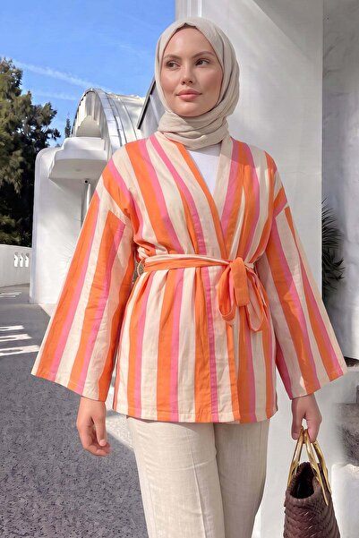 Salih Çelebi Striped Kimono Y0167 - Mercan