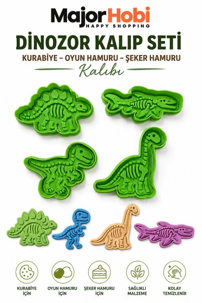 Major Hobi Mini Dinozor Kurabiye Kalıbı 4lü Set Şeker Hamuru, Fondan ve Oyun ...