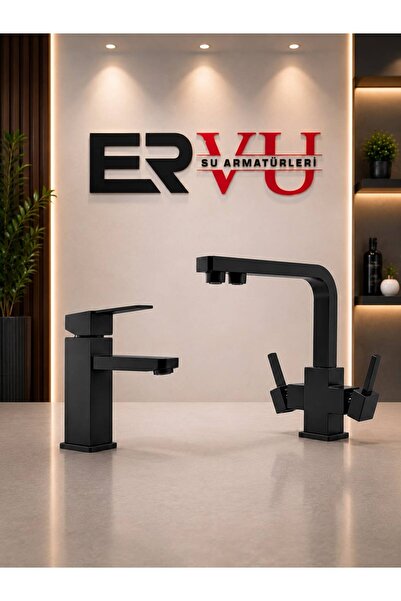 Kare Siyah Mutfak ( Arıtma Girişli) ve Lavabo Bataryası Seti Pirinç Gövde Sıcak Soğuk Girişili 2 Yıl Garantili