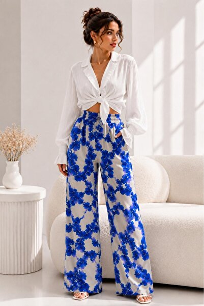 Bluewhs Women's Wrinkled Patterned Loose Wide-Leg Trousers – Comfortable Pant...