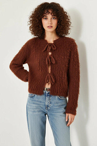 Şeker Portakalım Women's Front-Tie Fringed Brown Cardigan