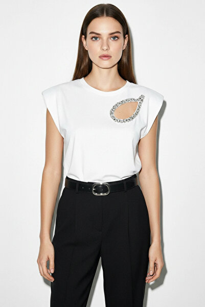 Efnaz style Women's Stone Embroidered Padded Shoulder Detailed Cotton T-Shirt...