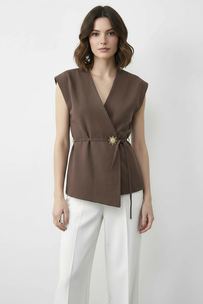 Efnaz style Women's Buttoned Belted Woven Mink Vest