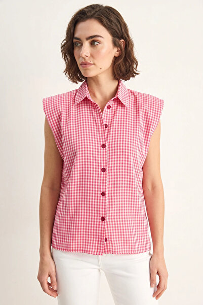 Efnaz style Women's Gingham Patterned Cotton Pink Shirt