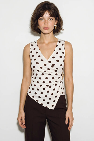 Efnaz style Women's Polka Dot Double Breasted Collar Accessory Detailed Cream...