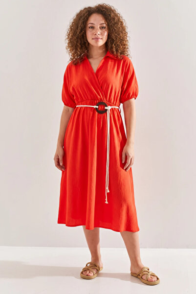 Efnaz style Women's Double-Breasted Collared Red Dress with Belt