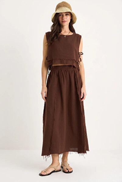 Generic Brand Women's Elastic Waist Skirt with Side Tie Detail, Crop Muslin B...