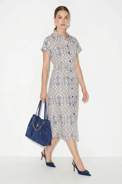 Generic Brand Women's Linen Embossed Patterned Midi Navy Blue Dress with Elastic Waist and Belt