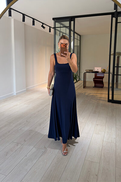 Sezgi Tekin Square Neckline Backless Navy Blue Sandy Dress