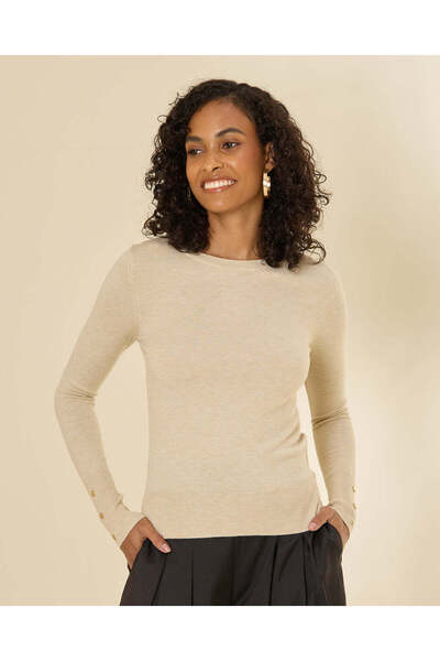 REDTAG Women Beige Sleeve Button Detail Pullover