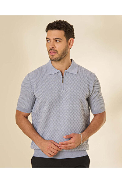 REDTAG Men Grey Textured Half Zip Polo Shirt