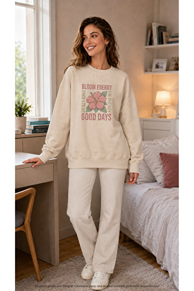caddekombin Women's Bloom Energy Floral Printed Round Crew Neck Long Sleeve S...