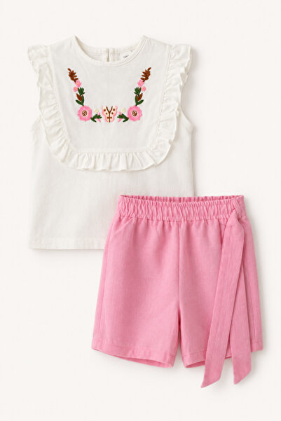 NOBLEKIDS Girls Floral Embroidered Ruffle Blouse and Linen Shorts Set Pink