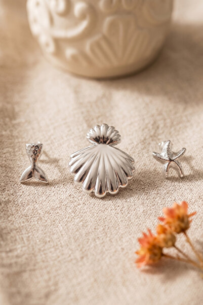 Elika Silver Silver Color Sea Themed Summer 3-Piece Earrings