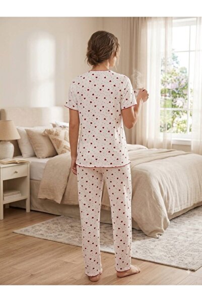 Arvin Pijama Kadın Renkli Baskılı Milan Fiyonklu Kısa Kollu Pijama Takımı