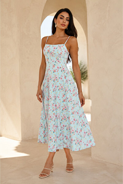 1434 Polo State Women's Thin Strap Floral Patterned Midi Dress - Aqua Blue
