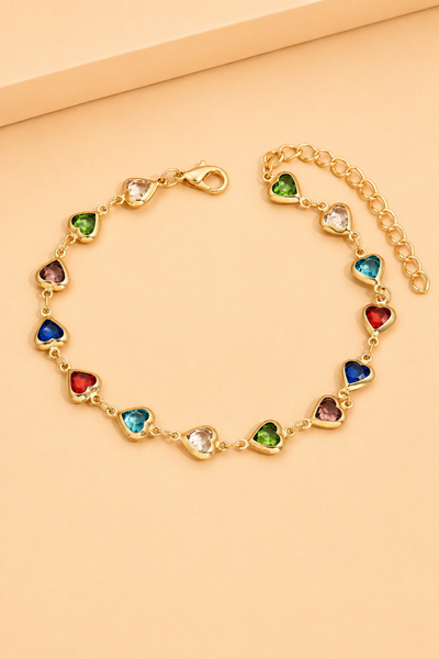 TREND COLLECTİON Renkli Taşlı Kalp Figürlü Gold Ayarlanabilir Bileklik