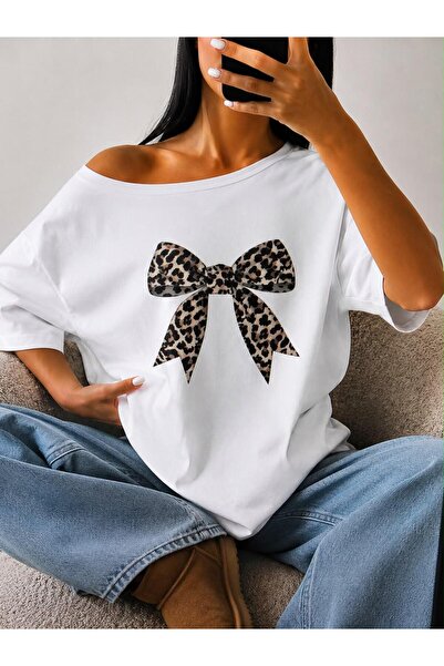Elvino Ribbon Printed Boat Neck Cotton White Women's Oversize Tshirt