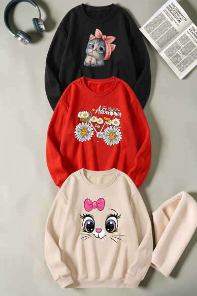 uyguntarz Unisex Mixed Printed Crew Neck Sweatshirt Set – Pack of 3