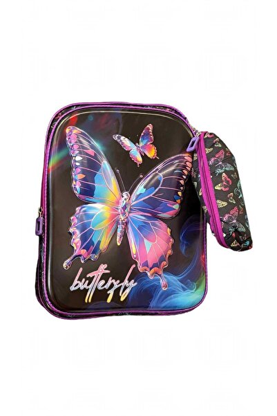 Generic Brand Ghiozdan Școlar 3D Butterfly Neon, Carcasă Rigidă, Ergonomic, N...